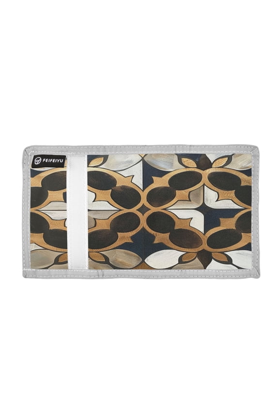 Metallic Geo Moroccan Tile Foil Print Trifold Wallets Card Holders Coin Pockets with Lanyards Portable Unisex