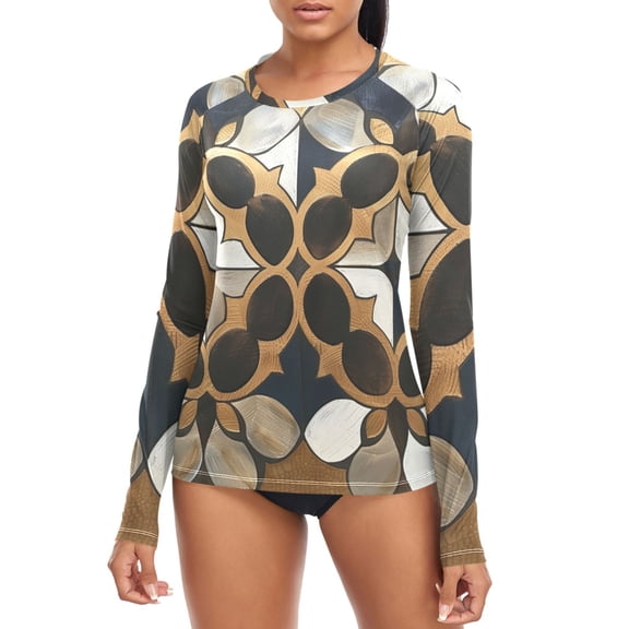 Metallic Geo Moroccan Tile Foil Print Women's Rash Guard Shirts UPF 50+ Sun Protection Clothing Long Sleeve Swim Suits L