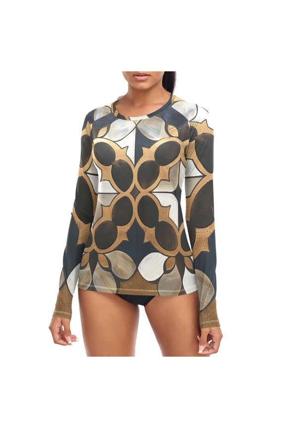 Metallic Geo Moroccan Tile Foil Print Women's Rash Guard Shirts UPF 50+ Sun Protection Clothing Long Sleeve Swim Suits M