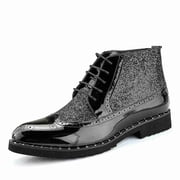 Metallic Glight Wingtip Ankle Boots for Men with Brogue Detailing   Shiny Patent Leather Party Boots for Weddings, Chukka Boots