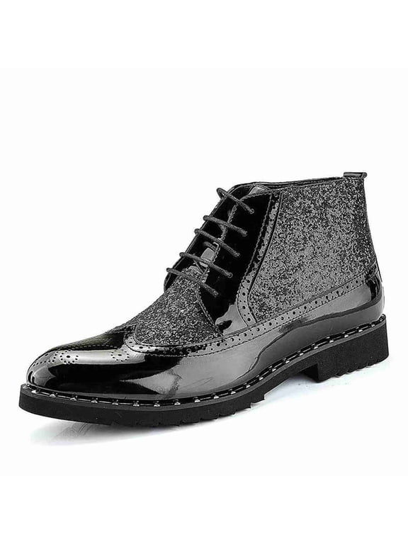 Metallic Glight Wingtip Ankle Boots for Men with Brogue Detailing – Shiny Patent Leather Party Boots for Weddings, Chukka Boots