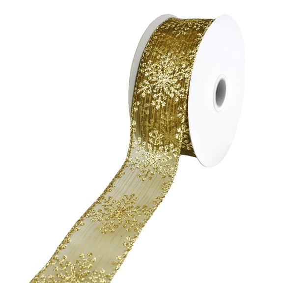 Metallic Glitter Christmas Snowflake, Stripe Sheer Wired Ribbon, 1-1/2-Inch, 10-Yard - Bronze