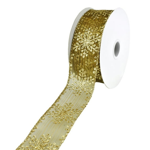 Metallic Glitter Christmas Snowflake, Stripe Sheer Wired Ribbon, 1-1/2-Inch, 10-Yard - Bronze