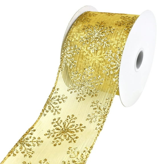 Metallic Glitter Christmas Snowflake, Stripe Sheer Wired Ribbon, 2-1/2-Inch, 10-Yard - Gold