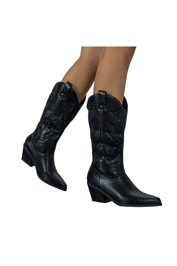 Metallic Glitter Cowboy Boots for Women Sparkly Leather Pointed Toe Chunky Heels Wide Mid Calf Cowgirl Boots