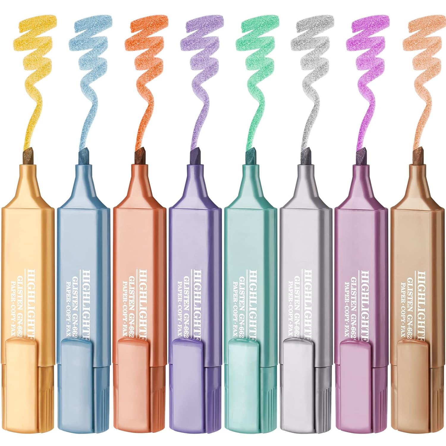 Metallic Glitter Highlighters Set of 8 Subtle Colors with Chisel Tips