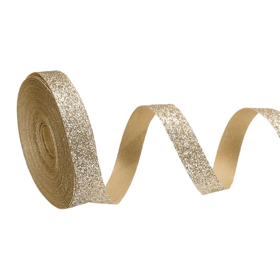 Metallic Glitter Ribbon Roll, 3/8 Inch x 10 Yards Sparkly Ribbon Single Sided Cut Edge Gift Wrapping Fabric Rolls for DIY Crafts Wedding Bouquet Party Christmas Decor, Light Gold
