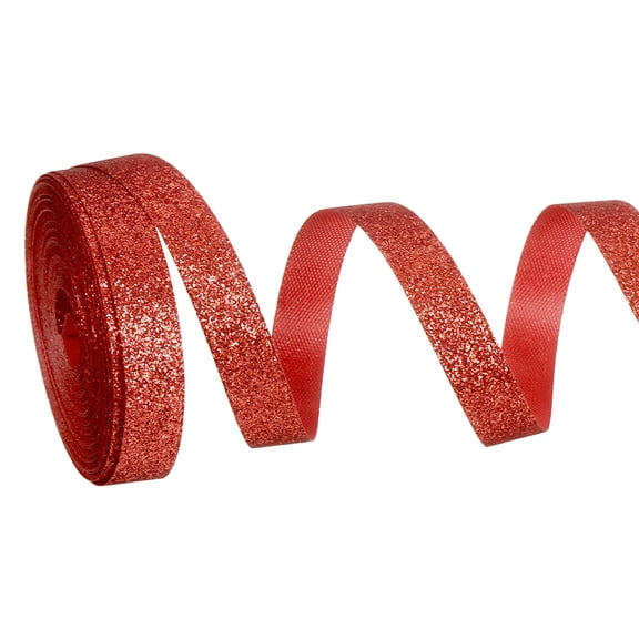 Metallic Glitter Ribbon Roll, 3/8 Inch x 10 Yards Sparkly Ribbon Single Sided Cut Edge Gift Wrapping Fabric Rolls for DIY Crafts Wedding Bouquet Party Christmas Decor, Red