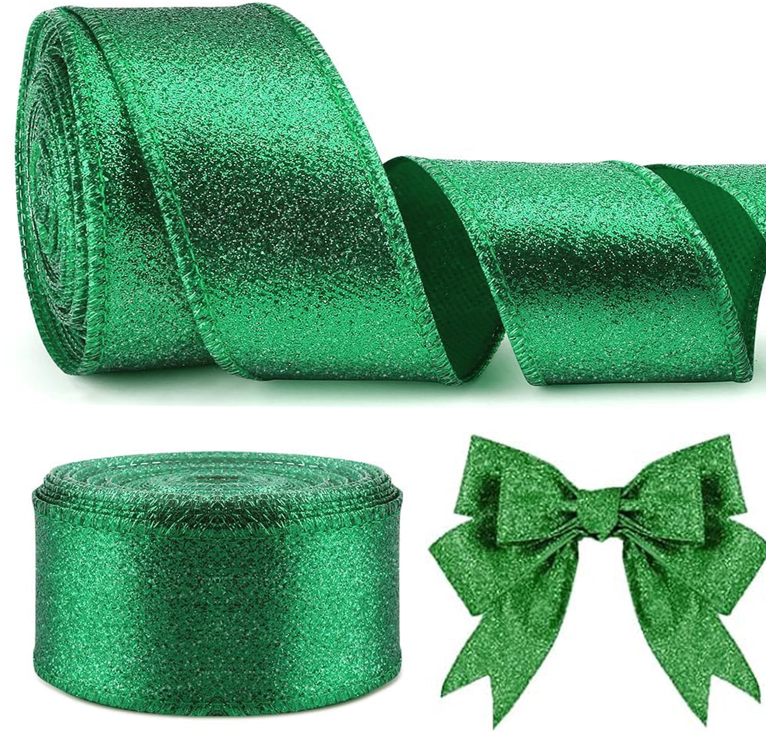 Metallic Glitter Wired Ribbon Decorations for Christmas Tree, Bexikou 2 Roll Christmas Green Ribbons for Wreath DIY Crafts Farmhouse Home Outdoor Party Decor, 2.5" x 20 Yards