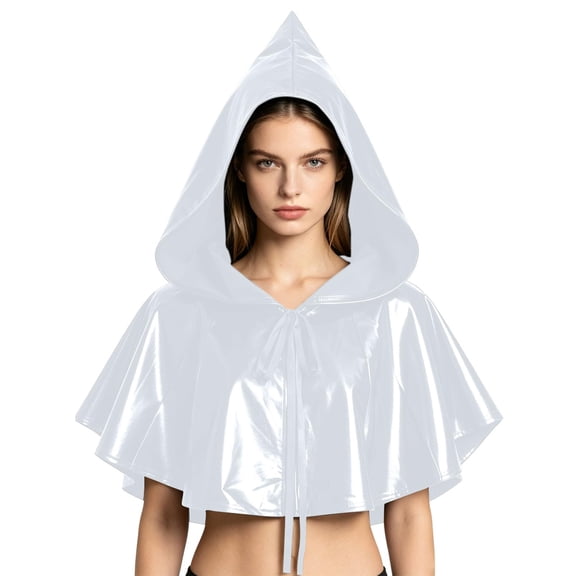 Metallic Glossy Short Hood Cape, Shiny Metallic Short Pointed Hood Cape, Mini Riding Hood Cloak With Front Tie, Multi Color Glossy Witch Cosplay Cape for Adult Halloween Party, White One Size