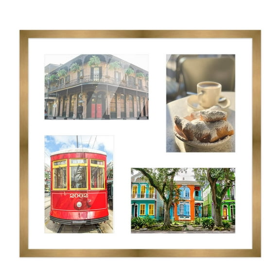 Metallic Gold Bronze Finish Collage Square Frame - White Mat, Holds Four 4x6 Photos , UV Acrylic,