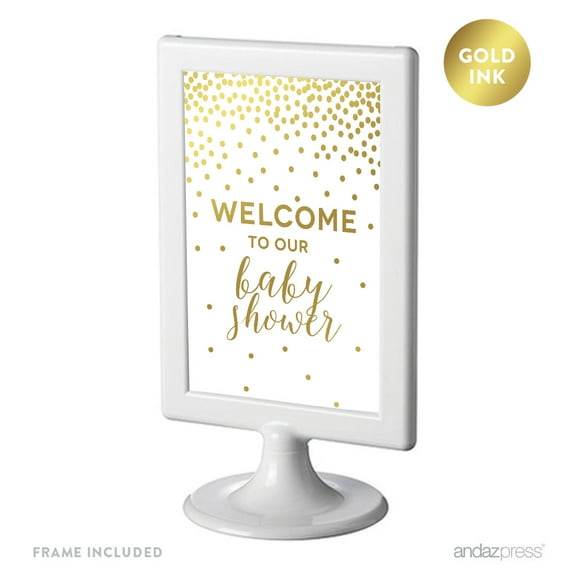 Metallic Gold Confetti Polka Dots 4x6-inch Party Signs, Welcome to our Baby Shower, Includes Frame