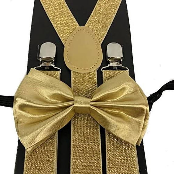 Metallic Gold Glitter Suspenders and Tie Set Adjustable - New with box/tags