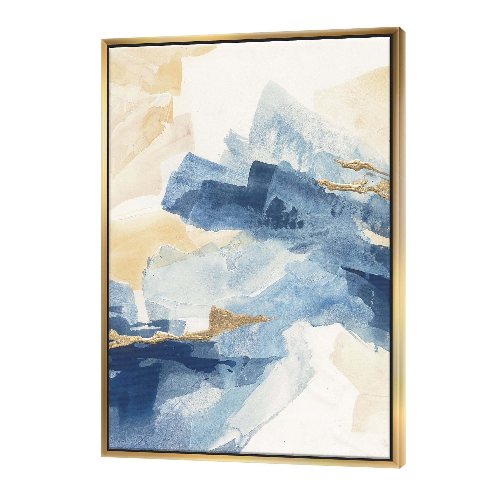 Metallic Gold and Indigo Abstract Canvas Art in Gold Frame