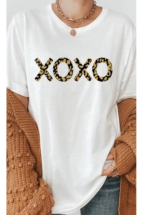 Metallic Gold Leopard Print XOXO Graphic Tee T-Shirt