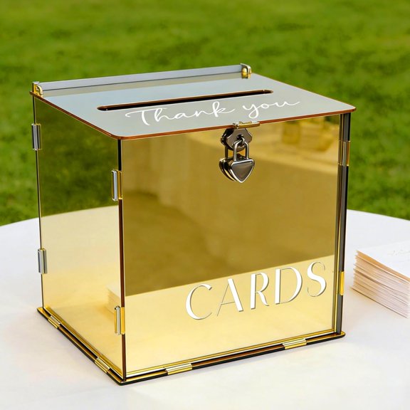 Metallic Gold Mirror Acrylic Wedding Card Box with Slot & Lock for Reception, Party Engagement Birthday Graduation Table Decor