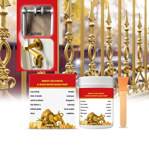 Metallic Gold Paint with Brush, Waterproof Gold Coating for Metal Wood Resin Ceramic Furniture Statue Crafts and DIY Decoration, High Gloss Finish for Indoor Outdoor Projects