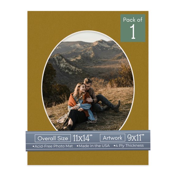 Metallic Gold Picture Frame Mat for 11x14 Frames - Oval Opening for 9x11 Photos - 1 Mat