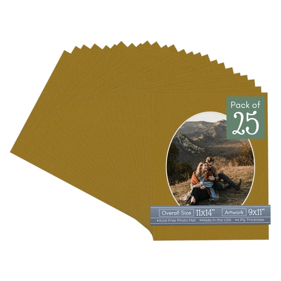 Metallic Gold Picture Frame Mat for 11x14 Frames - Oval Opening for 9x11 Photos - 25 Mats