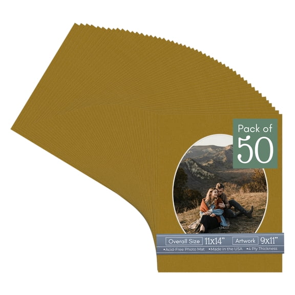 Metallic Gold Picture Frame Mat for 11x14 Frames - Oval Opening for 9x11 Photos - 50 Mats