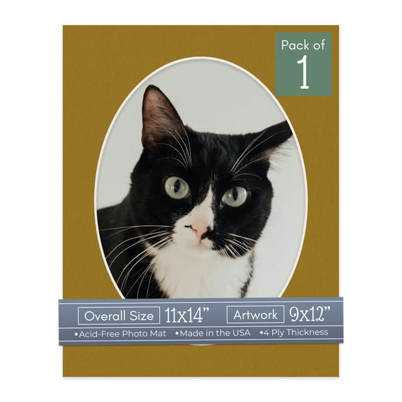 Metallic Gold Picture Frame Mat for 11x14 Frames - Oval Opening for 9x12 Photos - 1 Mat