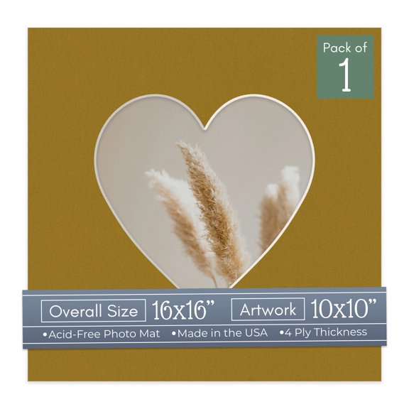 Metallic Gold Picture Frame Mat for 16x16 Frames - Heart Opening for 10x10 Photos - 1 Mat