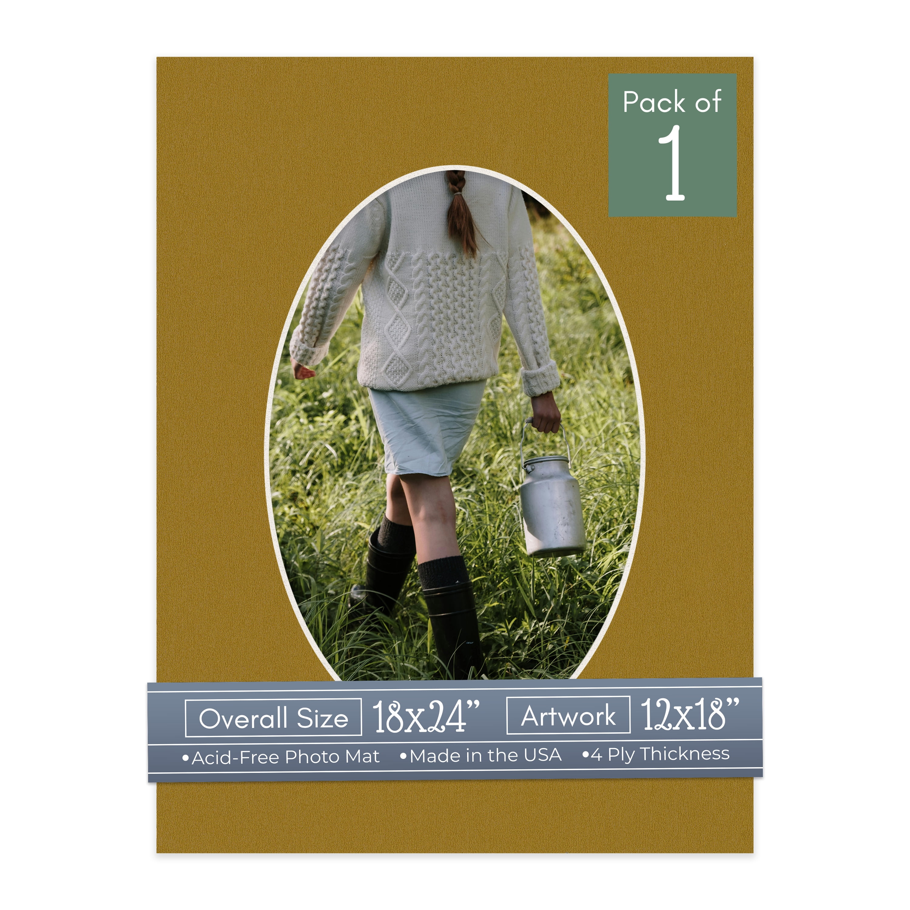 Metallic Gold Picture Frame Mat for 18x24 Frames - Oval Opening for 12x18 Photos - 1 Mat