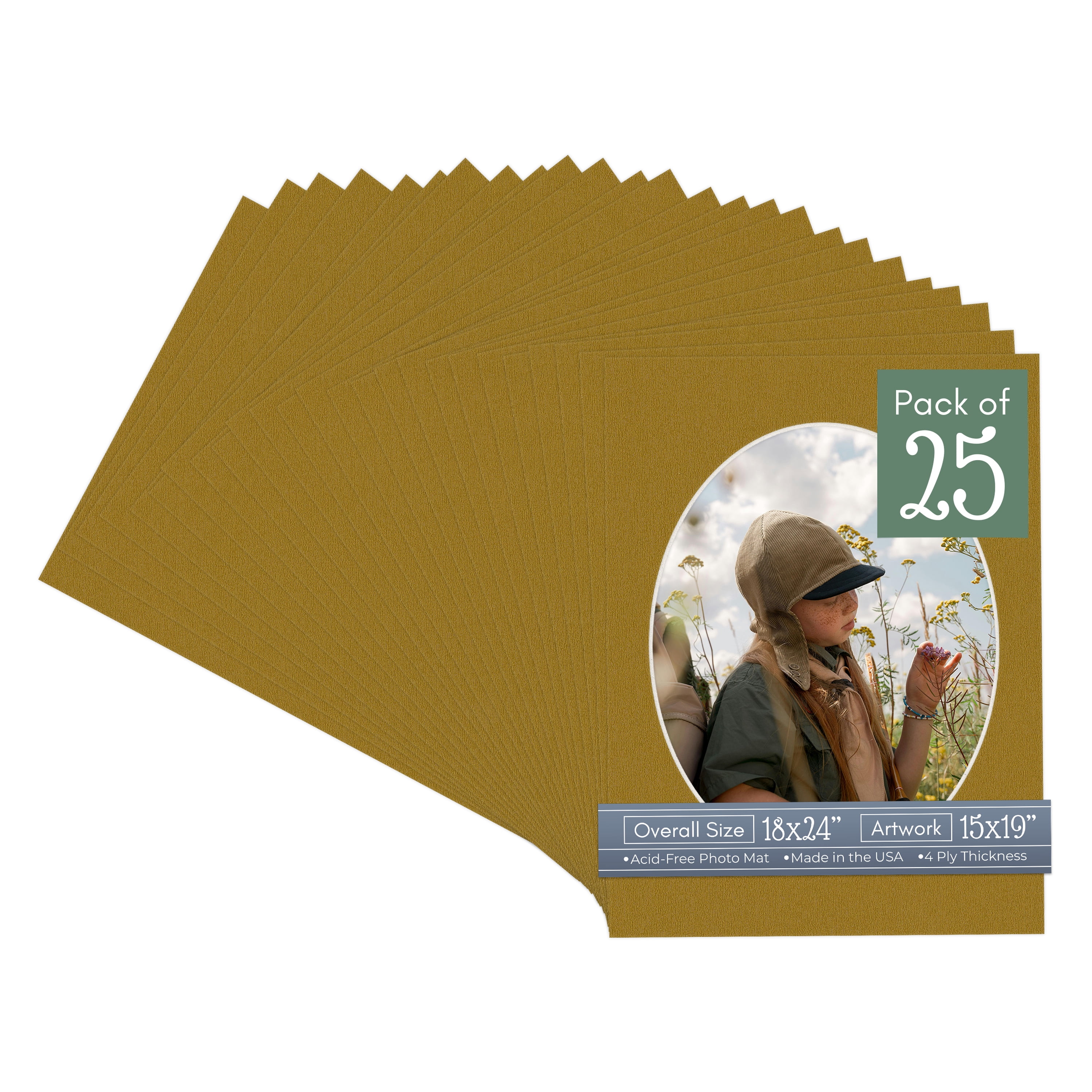 Metallic Gold Picture Frame Mat for 18x24 Frames - Oval Opening for 15x19 Photos - 25 Mats