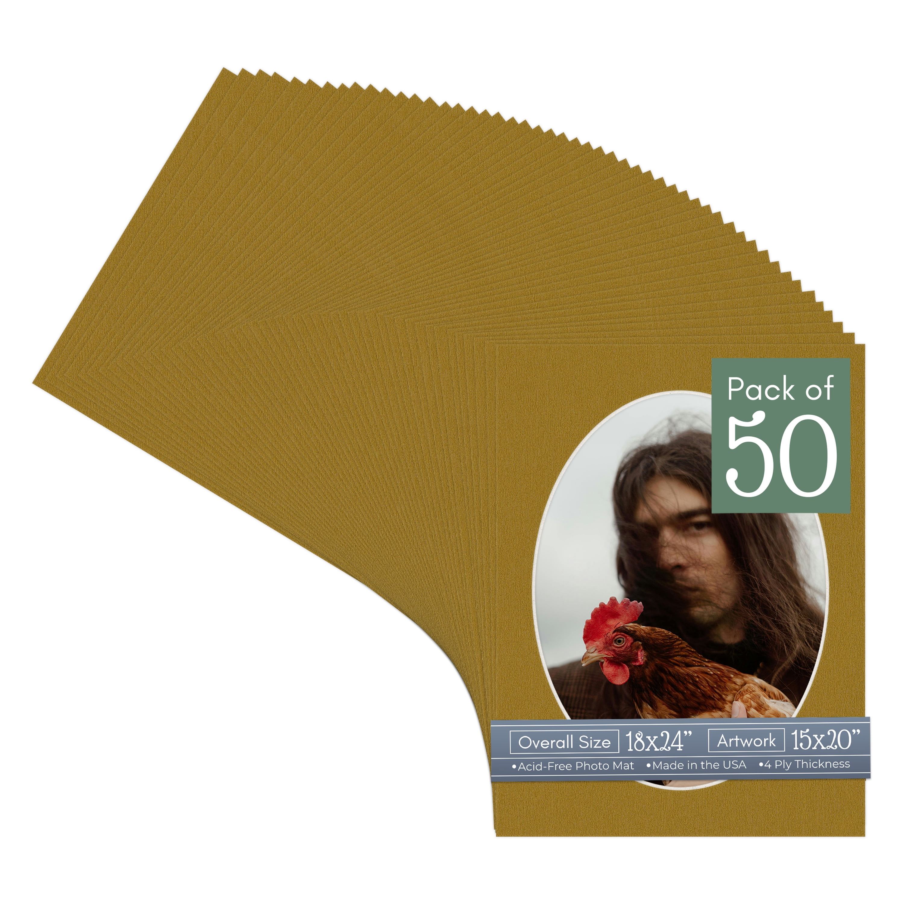 Metallic Gold Picture Frame Mat for 18x24 Frames - Oval Opening for 15x20 Photos - 50 Mats