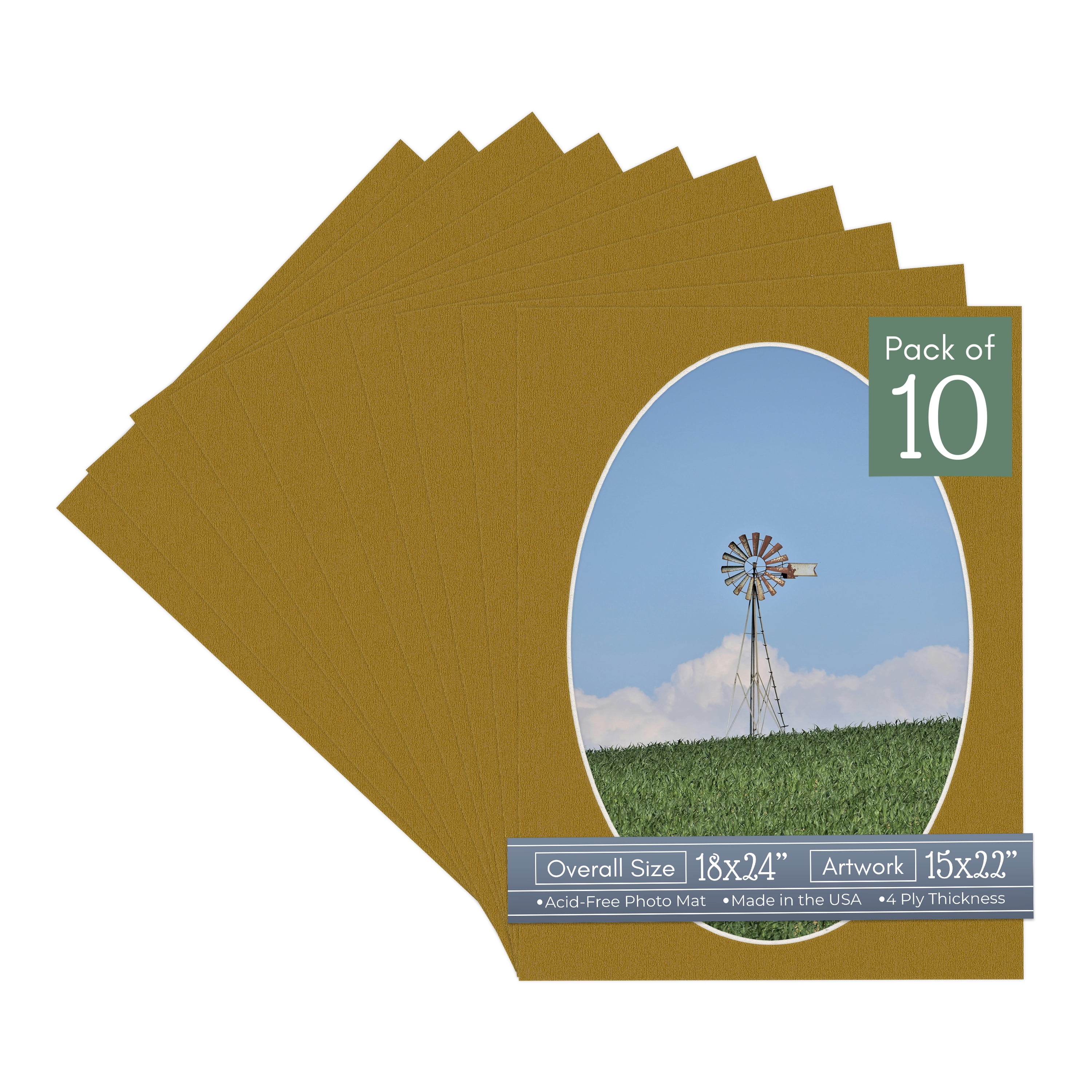 Metallic Gold Picture Frame Mat for 18x24 Frames - Oval Opening for 15x22 Photos - 10 Mats