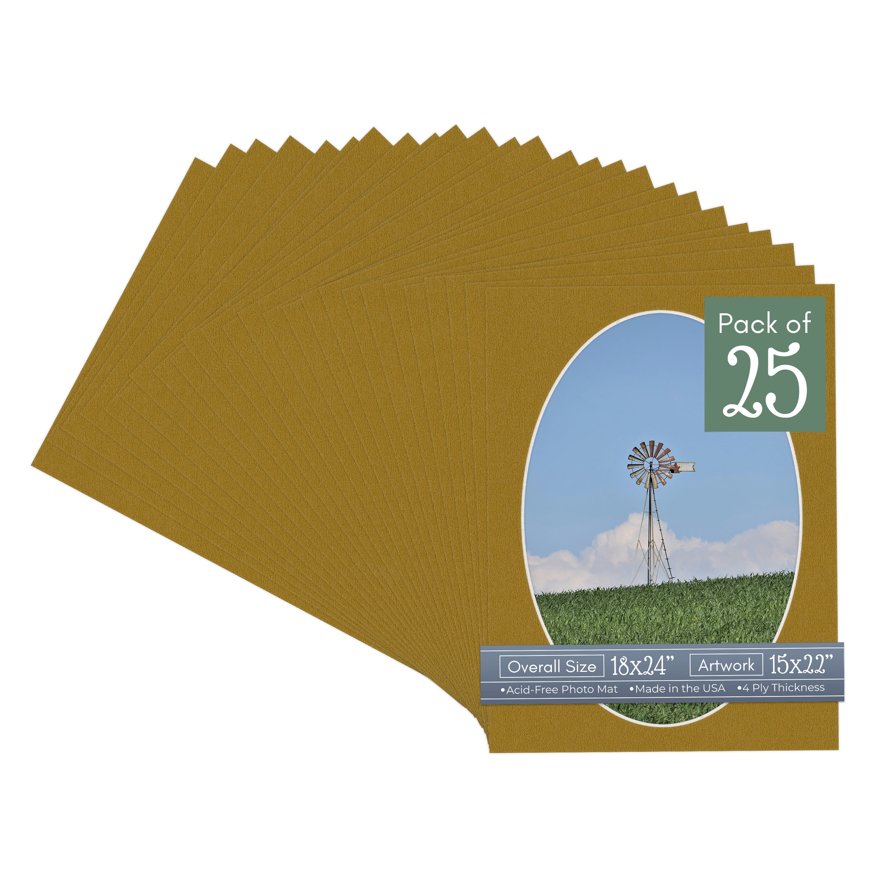 Metallic Gold Picture Frame Mat for 18x24 Frames - Oval Opening for 15x22 Photos - 25 Mats