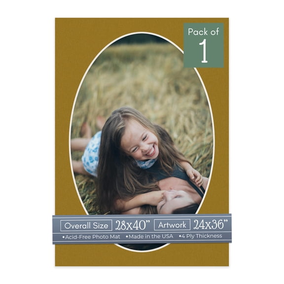 Metallic Gold Picture Frame Mat for 28x40 Frames - Oval Opening for 24x36 Photos - 1 Mat