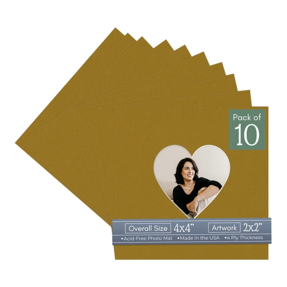 Metallic Gold Picture Frame Mat for 4x4 Inch Frames - Heart Opening for 2x2 Photos - 10 Mats