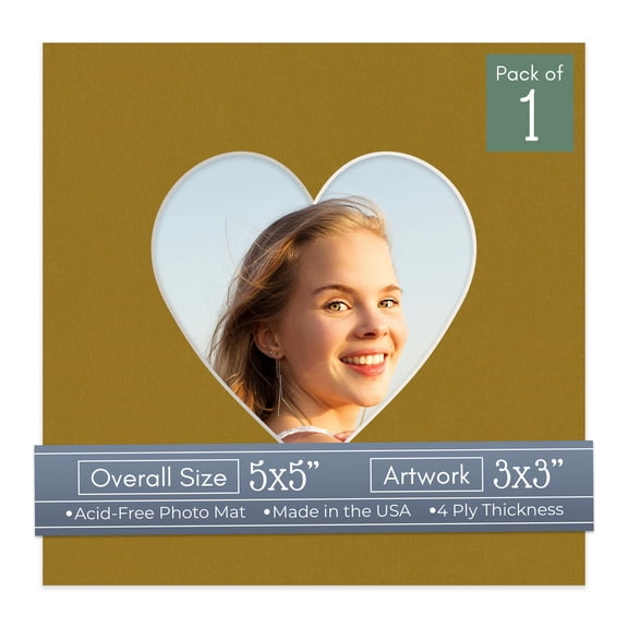 Metallic Gold Picture Frame Mat for 5x5 Inch Frames - Heart Opening for 3x3 Photos - 1 Mat