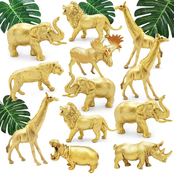 Metallic Gold Plastic Safari Animal Figurines, 12PCS Zoo Wild Animals for Party Decoration