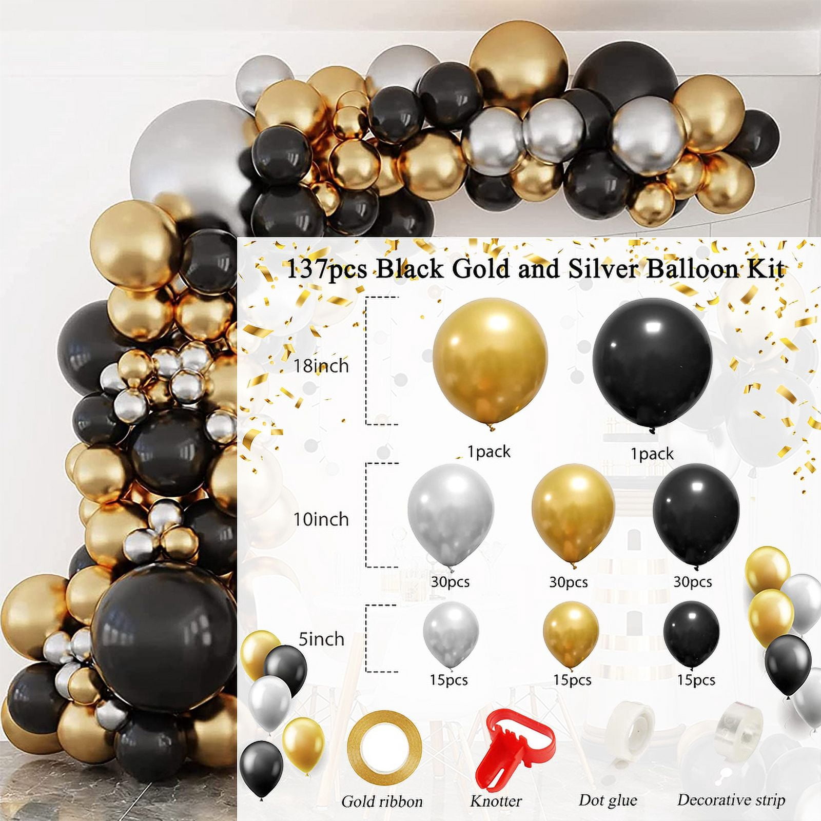 Metallic Gold and Silver Black Balloon Garland Arch Kit for Wedding ...