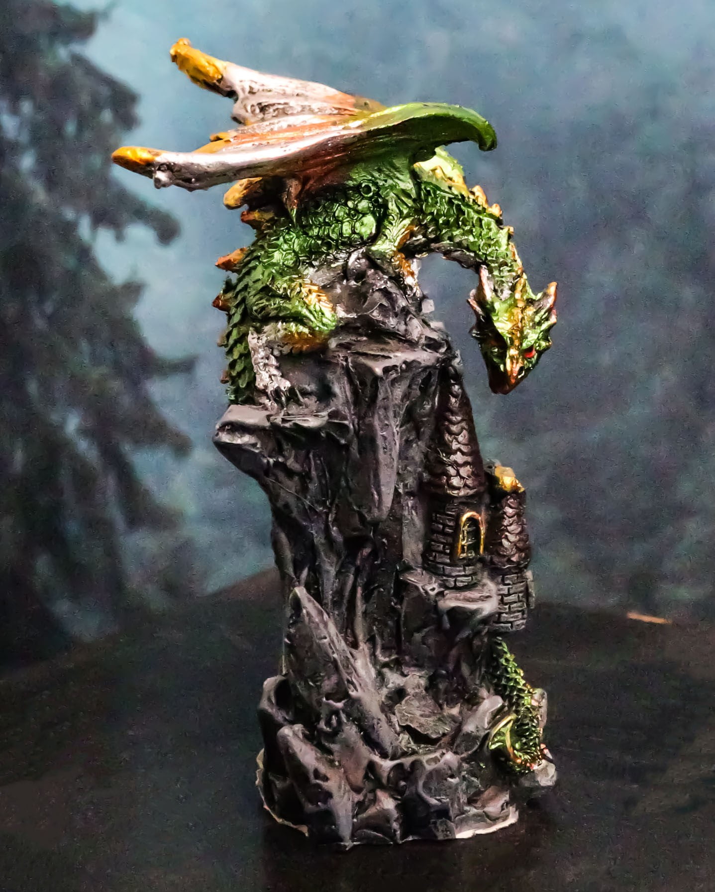 Metallic Golden Green Dragon Guarding Castle Tower On Mountain