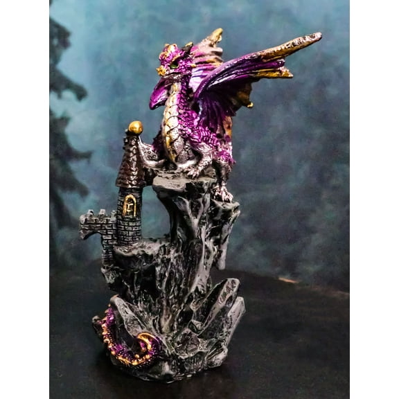 Metallic Golden Purple Dragon Guarding Castle Tower On Mountain Cliff Figurine