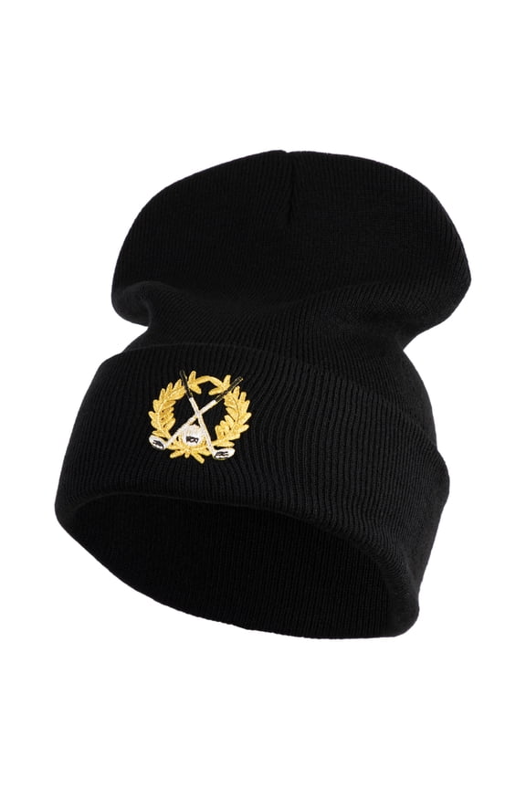 Metallic Golf Crest Sport Embroidered Iron on Patch 12 Inch Long Knitted Beanie - Black OSFM