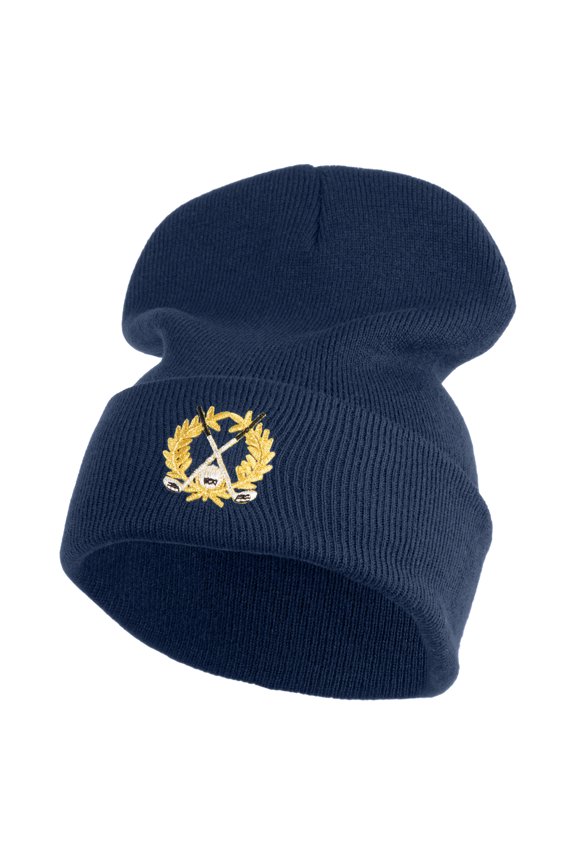 Metallic Golf Crest Sport Embroidered Iron on Patch 12 Inch Long Knitted Beanie - Navy OSFM