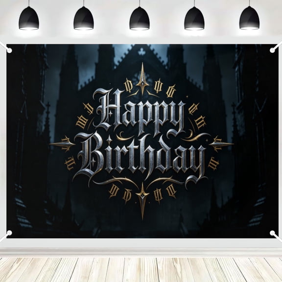 Metallic Gothic Letter Dark Castle Happy Birthday Backdrop, Luxury Dark Tone Birthday Party Photography Background Banner 3x5ft