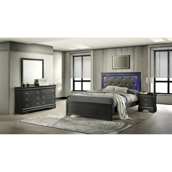 Metallic Gray Bedroom - 4 Pc, Full, Upholstered Headboard With Led Piece , Full Gray, Headboard,