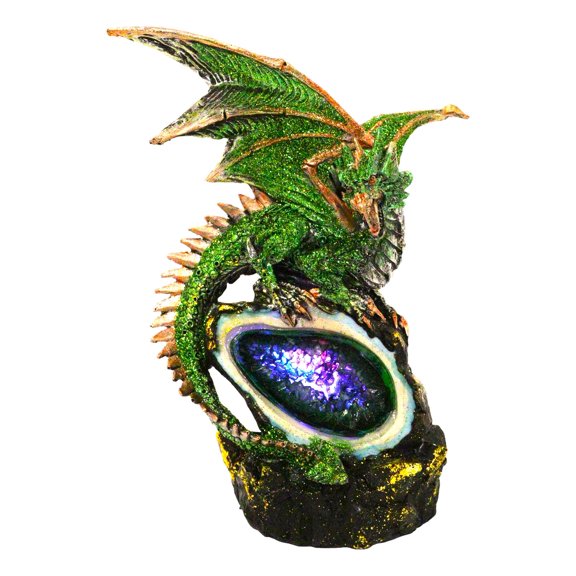 Metallic Green And Gold Dragon Guarding Faux LED Crystal Faux Geode Figurine