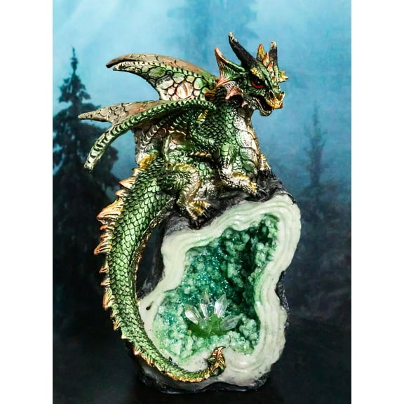 Metallic Green Iridescent Dragon On Faux Geode Rock Quartz Crystal Cove Figurine