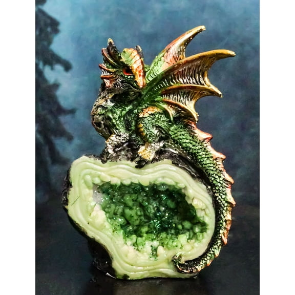 Metallic Green Iridescent Wyrmling Dragon On Faux Geode Crystal Rock Figurine