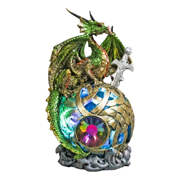 Metallic Green Treasure Dragon Perching On Colorful LED Orb Night Light Figurine