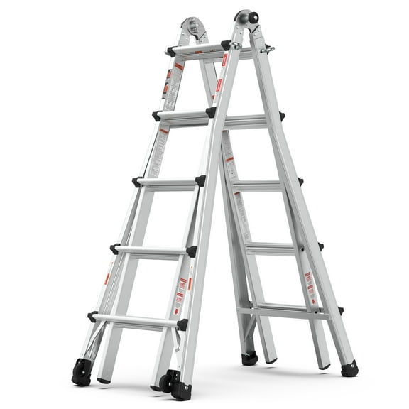 Metallic Grey Aluminum Multi-Position Ladder with Wheels, 300 lb Capacity 22 FT Adjustable Ladder 66.9"L x 26.6"W x 8.3"H