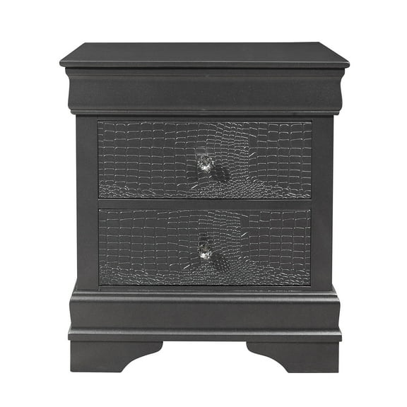 Metallic Grey Nightstand With Mesmerizing Crystal Embellished Decorations Shaker Style In Grey, Textured Drawer And Legs