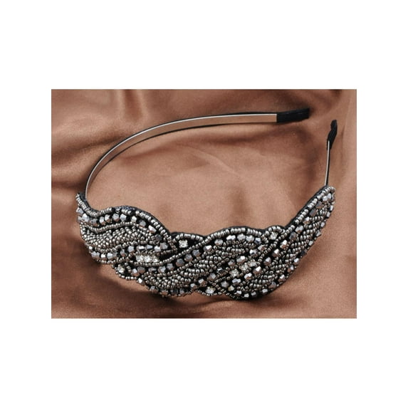 Metallic Gunmetal Grey Crystal Bead Design Band Fashionable Hair Piece Headband