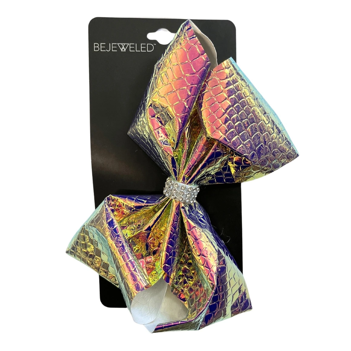 Metallic Hair Bow with Rhinestone Centerpiece, Oversized, Shimmering Finish, Perfect for Special Occasions, Parties, Everyday Glam, Vibrant Holographic Colors, Stylish, Comfortable, Pink